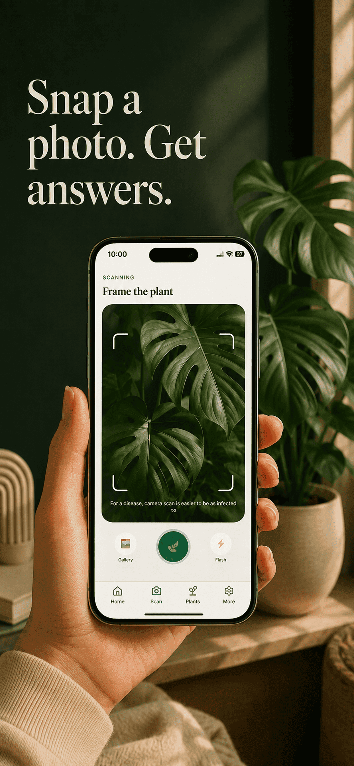 The Gardenix camera screen framing a monstera plant for a scan